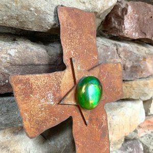 Western Rusty Metal Cross Star Glass Rust Green Southwest Cowboy Ranch